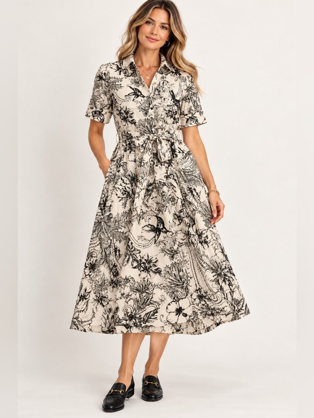 Chico's 100% Cotton Botanical Black White Toile Belted Midi Shirt Dress 1 M 8/10